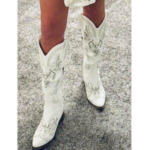 🆕Womens White Faux Leather Knee High Cowboy Chunky Heel Tall Western Boots